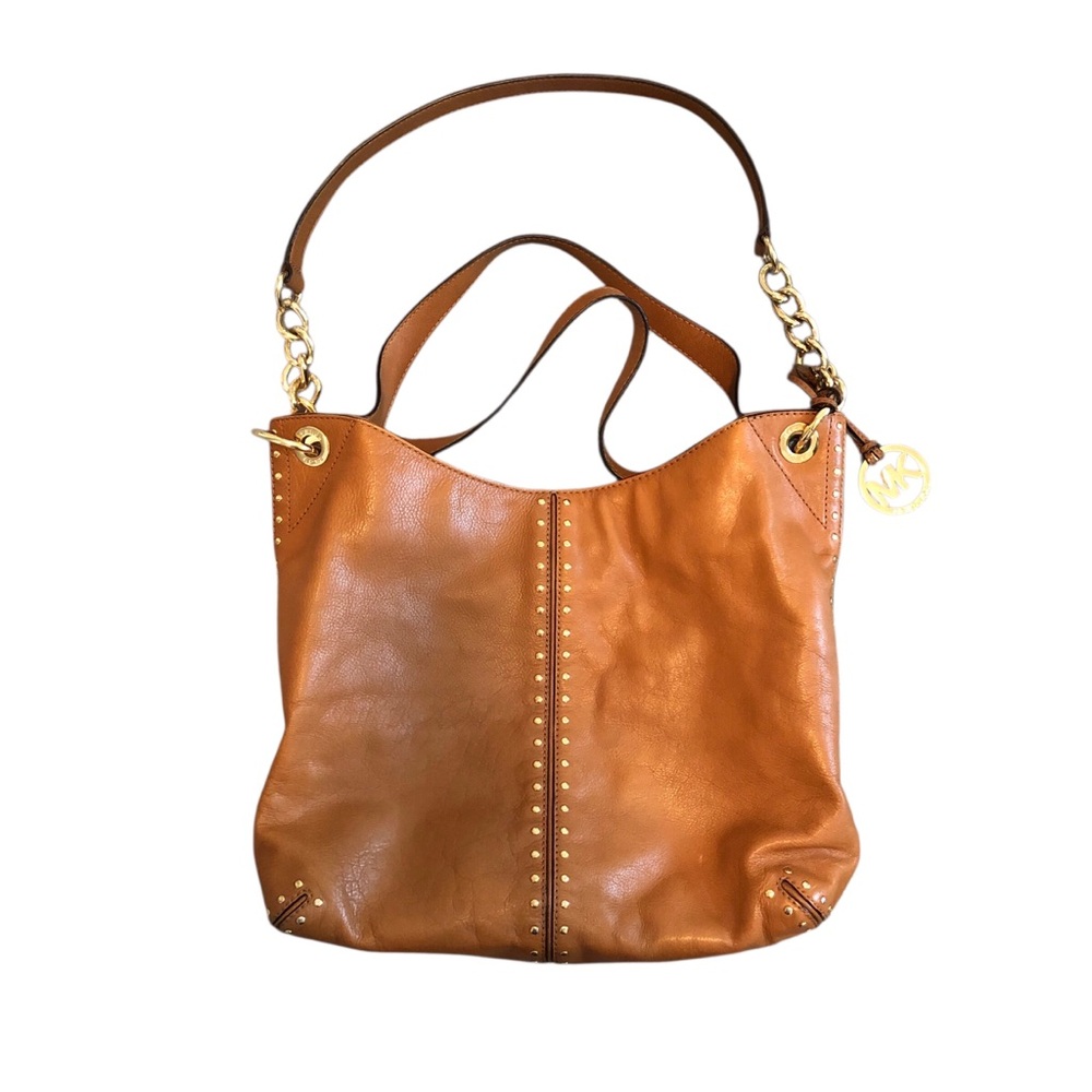Michael Kors Uptown Aster Gold Studded Tan Leather Shoulder Bag